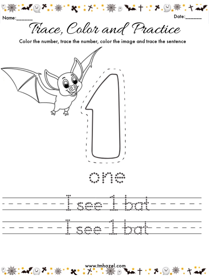 halloween number tracing and coloring worksheet